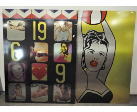 Two large pop art metal print artworks on wooden stretchers, including a Lichtenstein image, both 131 cm x 100 cm