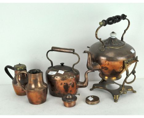 A collection of 19th century copper, including a kettle on stand, a teapot and cover, jugs and other items the first 34 cm hi