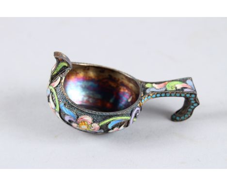 A RUSSIAN SILVER AND ENAMEL KVOSCH. 3ins long. Mark: Head 88, Faberge A Star H. Weight 49grms.