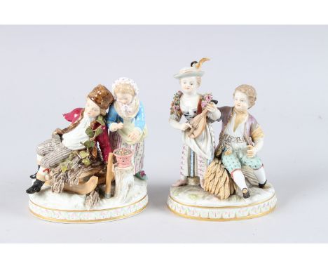 TWO 19TH CENTURY MEISSEN GROUPS OF CHILDREN, in a sleigh and a girl with mandolin. 5.5ins and 6ins high. Crossed sword marks 