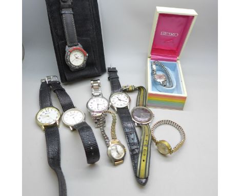 A collection of wristwatches including Timex, Rotary, a lady's Seiko, a Sector sport watch, etc.