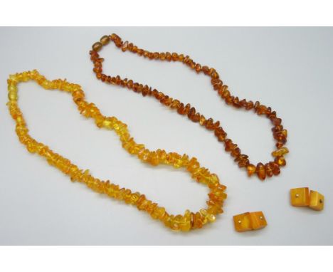 Two amber necklaces, 35g, and a pair of amber style cufflinks