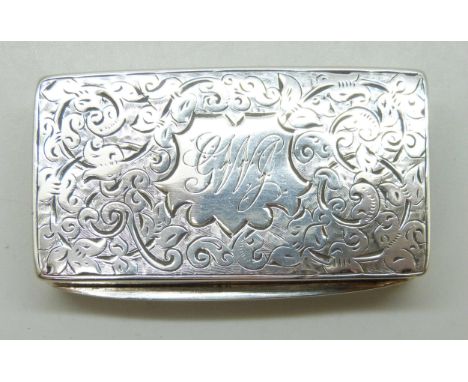 A silver engraved snuff box with monogram, Birmingham 1906, 31g, 5.5cm