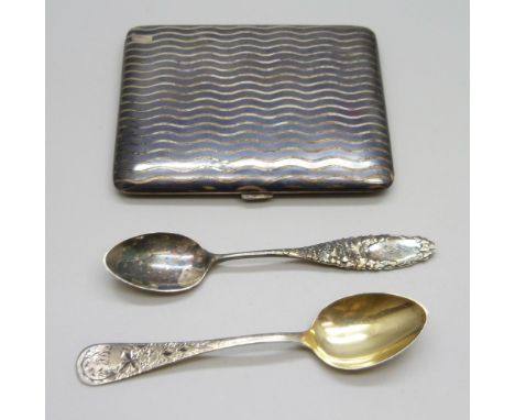 A niello .900 silver cigarette case with gilt interior, a/f, and two coffee spoons, one marked Tiffany &amp; Co Sterling, 101
