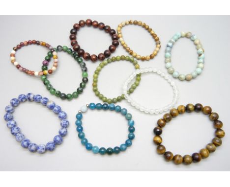 Ten precious stone bead bracelets including blue jasper, yellow tiger’s eye, turquoise agate, tiger's eye, goshenite, apatite