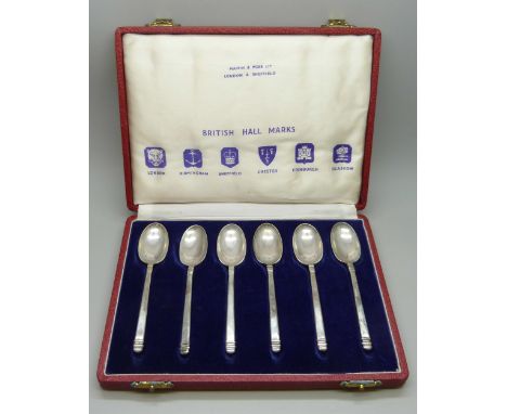 A cased set of six silver British hallmarks spoons, Mappin &amp; Webb, 72g