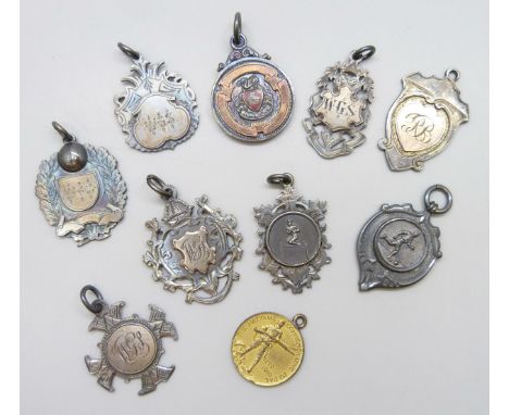 Nine silver fob medals, 94g, and one other medallion