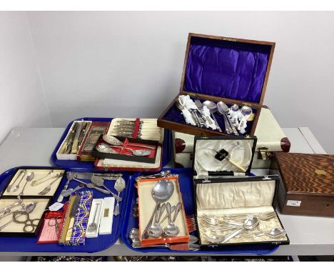 A Collection of Assorted Plated Cutlery, including hallmarked silver handled Kings Pattern butter and cheese knives, 1953 Cor