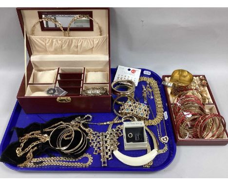 Modern Gilt Metal Costume Jewellery, including bangles, large hoop and other earrings, necklaces, bangles, jewellery box etc 