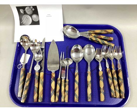 David Hilton Studio Pottery Cutlery, Harlequin Ochre pattern, including serving spoons, cake knife and slice, pickle fork, bu