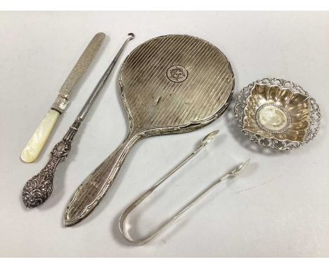 A Chester Hallmarked Silver Backed Hand Mirror, engine turned decoration and monogram cartouche; A Hallmarked Silver Trinket 