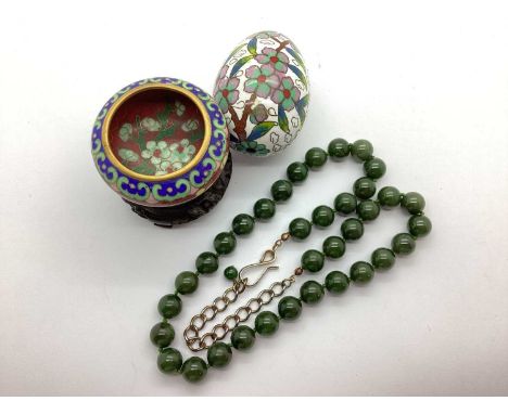 Jade Colour Polished Bead Necklace, together with a small cloisonné enamel bowl (approximately 5.3cm overall width) on stand;