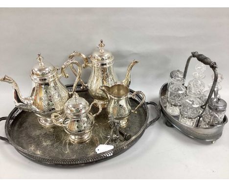 A Collection of Assorted Plated Ware, including decorative four piece tea set, tray, further tea wares, vase, novelty chimney