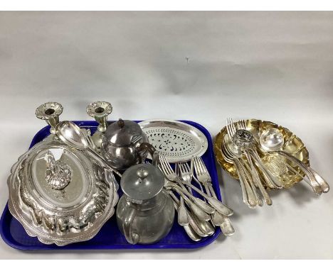 Assorted Plated Ware, including decorative oval lidded entree dish, pair of dwarf candlesticks, assorted cutlery, Art Nouveau