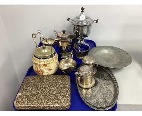Assorted Plated Ware, including Art Deco style three piece teaset, oval tray, W&amp;R Carlton Ware ceramic biscuit barrel, ha