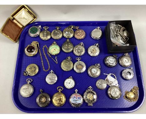 A Collection of Modern Collectors Pocketwatches, to include novelty, gilt tone, souvenir etc, with a collection of watch chai