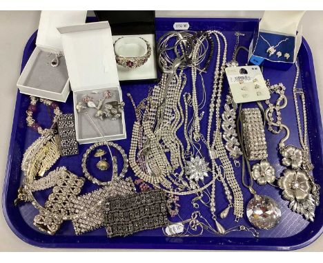 Modern Diamanté Costume Jewellery, including wide bracelets, dress ring, pair of earrings, chains, necklaces, etc :- One Tray