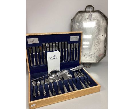 Viners Modern 'The Tabletop Collection' Canteen of Cutlery, in original fitted case; together with a twin handled plated tray