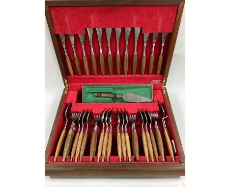 Butler Sheba Style Wooden Handed Canteen of Stainless Steel Cutlery, in original fitted case.