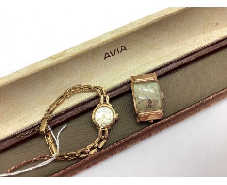 Avia; A 9ct Gold Cased Ladies Wristwatch, to 9ct gold openwork bracelet, in original box; Together with An Art Deco Style Bul