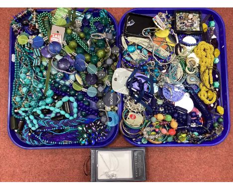 A Quantity of Modern Costume Jewellery, in hues of green and blue :- Two Trays