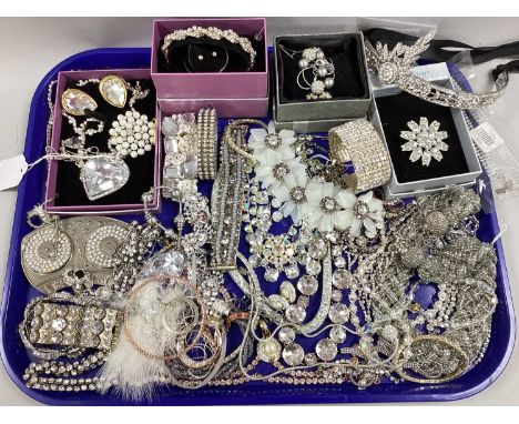 An Assortment of Diamanté Set Costume Jewellery, to include cuff bangle, floral brooch, statement necklace, Gatsby Deco style