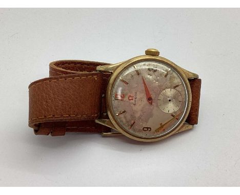 Omega; A 1950's 9ct Gold Cased Gent's Wristwatch, the signed (damaged) dial with line markers, Arabic numerals and seconds su