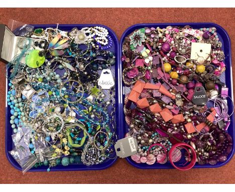 A Quantity of Modern Costume Jewellery, in hues of green, blue and mauve :- Two Trays