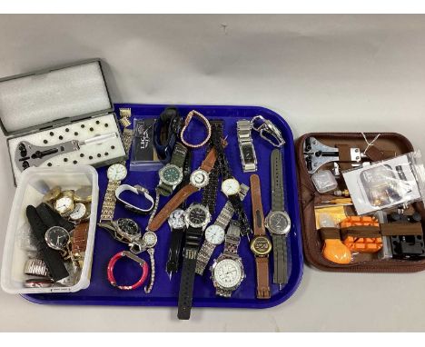 An Assortment of Modern Gent's Wristwatches, with a collection of watch dials/bracelets and a watch repair tool kit, etc :- O