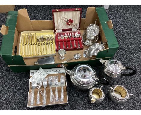 An Assortment of Plated Ware, to include a four piece tea set, Arthur Price of England cake forks, fish knives and forks, pew