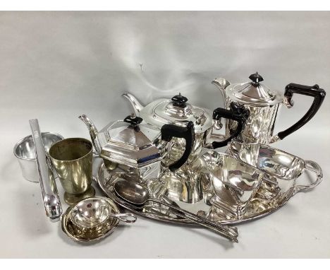 A Matched Art Deco Style Plated Tea Set, on oval twin handled tray, Simplex potato ricer, tea strainer on stand, pair of plat