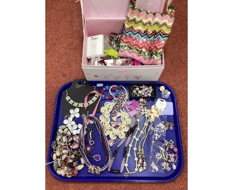 An Assortment of Modern Costume Jewellery, in hues of pink and mauve, to include floral necklace, hoop earrings, beaded brace