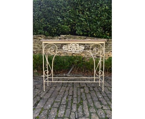 A painted wrought iron console table with rouge veined marble top. H.75 W.115 D.35cm 