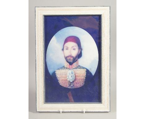 AN OTTOMAN SULTAN PORTRAIT ON GLASS, framed, image 29cm x 19cm.