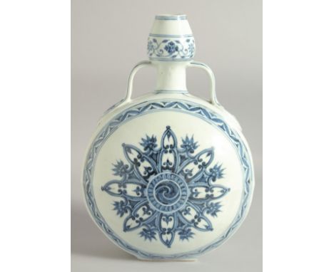 A CHINESE BLUE AND WHITE PORCELAIN TWIN HANDLE MOON FLASK, with central yin-yang medallion radiating an eight-pointed starbur