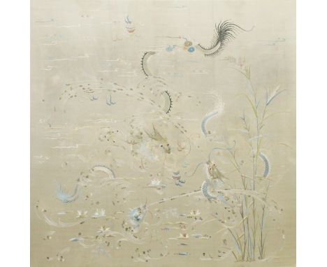 A LARGE 19TH CENTURY CHINESE SILK PANEL, finely decorated with senior dragon teaching younger dragons, stretched on a wooden 