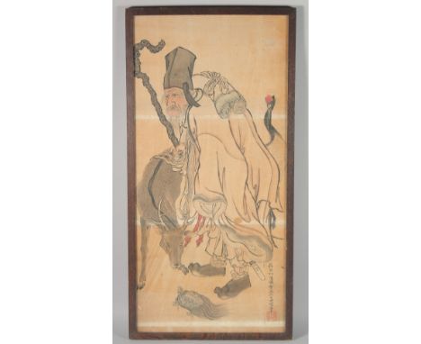 A 19TH CENTURY CHINESE SCHOOL WATERCOLOUR PAINTING of Shou Lao with deer, inscribed and with red seal mark, framed and glazed