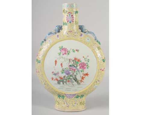 A LARGE CHINESE YELLOW GROUND FAMILLE ROSE PORCELAIN MOON FLASK VASE, painted with a panel on one side depicting a bird and f