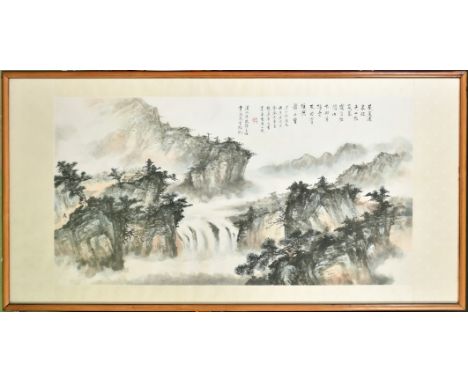 A FINE AND LARGE CHINESE WATERCOLOUR PAINTING, depicting a rocky landscape with waterfall, calligraphy inscription, framed an