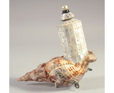 AN INDIAN GOA MOTHER OF PEARL AND CONCH SHELL POWDER FLASK.