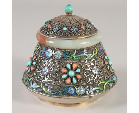 A SUPERB SILVER FILIGREE CORAL AND TURQUOISE STUDDED BOX AND COVER, with jade banded rim and decorative enamelled flowers, st