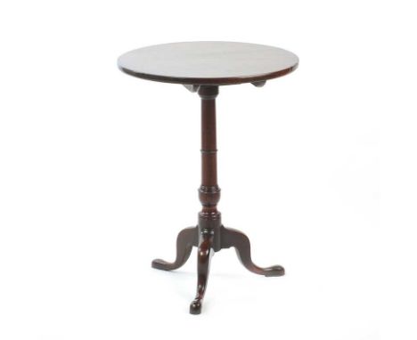 GEORGIAN MAHOGANY SNAP TOP WINE TABLE WITH A TURNED PILLAR ON THREE PAD FEETHEIGHT: 28 INCHESTOP DIAMETER: 21 INCHESIN GOOD C