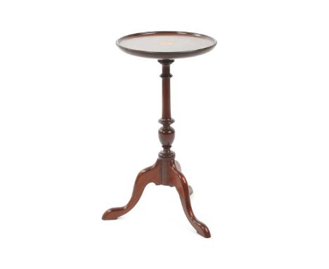 INLAID MAHOGANY WINE TABLE ON TURNED PILLAR ON THREE SPLAYED LEGSHEIGHT: 20 INCHESTOP DIAMETER: 11 INCHESIN GOOD CONDITION