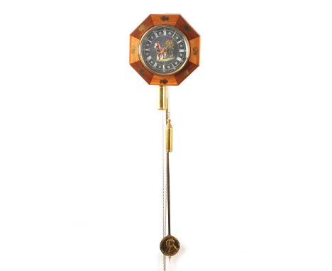 HEXAGONAL BRASS INLAID WALL CLOCK WITH PAINTED DIAL, HORSE & PLOUGH & BRASS PENDULUM, KING GEORGE & QUEEN MARY, SILVER JUBILE