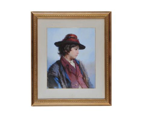 YOUNG BOY WITH A HAT', GILT FRAMED COLOURED MEZZOTINT WITH A JOHN MAGEE LABEL ON REVERSE.WIDTH: 16 INCHES, LENGTH: 18 INCHES.