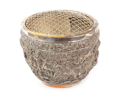 EMBOSSED WHITE METAL INDIAN PLANTER WITH LINER & MESH TOPHEIGHT: 8 INCHESDIAMETER: 9.5 INCHESSLIGHTLY TARNISHED AROUND TOP OF