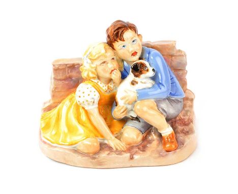 ROYAL WORCESTER FIGURINE, 'TAKE COVER', MODELLED BY E.A. SOPER NO. 3351HEIGHT: 4 INCHES NO OBVIOUS DEFECTS 