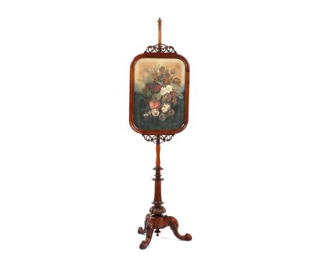 VICTORIAN ROSEWOOD POLESCREEN WITH WILD FLOWER DESIGN ENGRAVED PANEL & RAISED ON A TURNED PILLAR WITH THREE CABRIOLE LEGS.HEI