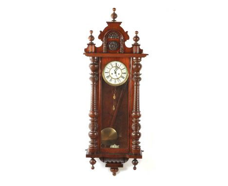 MAHOGANY CASED DOUBLE WEIGHT VIENNA WALL CLOCK, GUSTUV BECKER MOVEMENTHEIGHT: 52 INCHESWIDTH: 19 INCHESIN WORKING ORDER WITH 