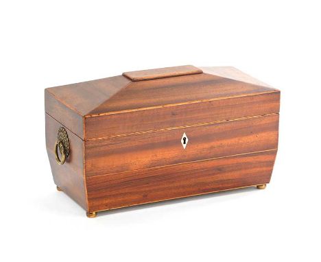 GEORGIAN MAHOGANY TEA CADDY WITH BRASS DROP HANDLES & IVORY ESCUTCHEON.HEIGHT: 8.5 INCHES, WIDTH: 12 INCHES, DEPTH: 6 INCHES.